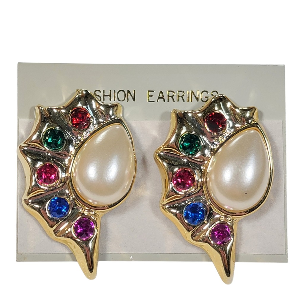 VTG 80s Conch Sea Shell Clip On Earrings Faux Pearl Multicolor Rhinestone Taiwan